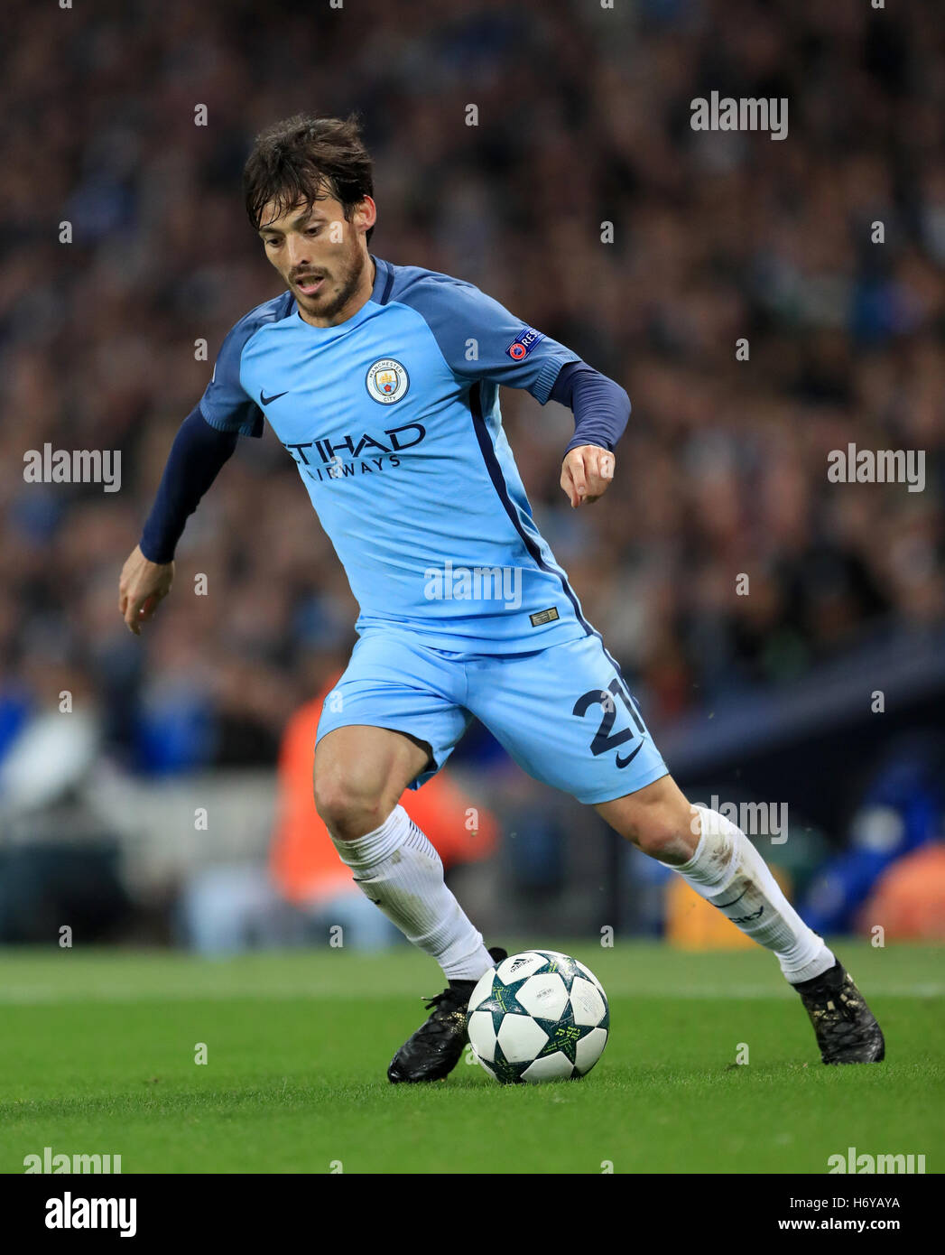 Manchester City David Silva in azione durante la UEFA Champions League al Etihad Stadium e Manchester. Foto Stock