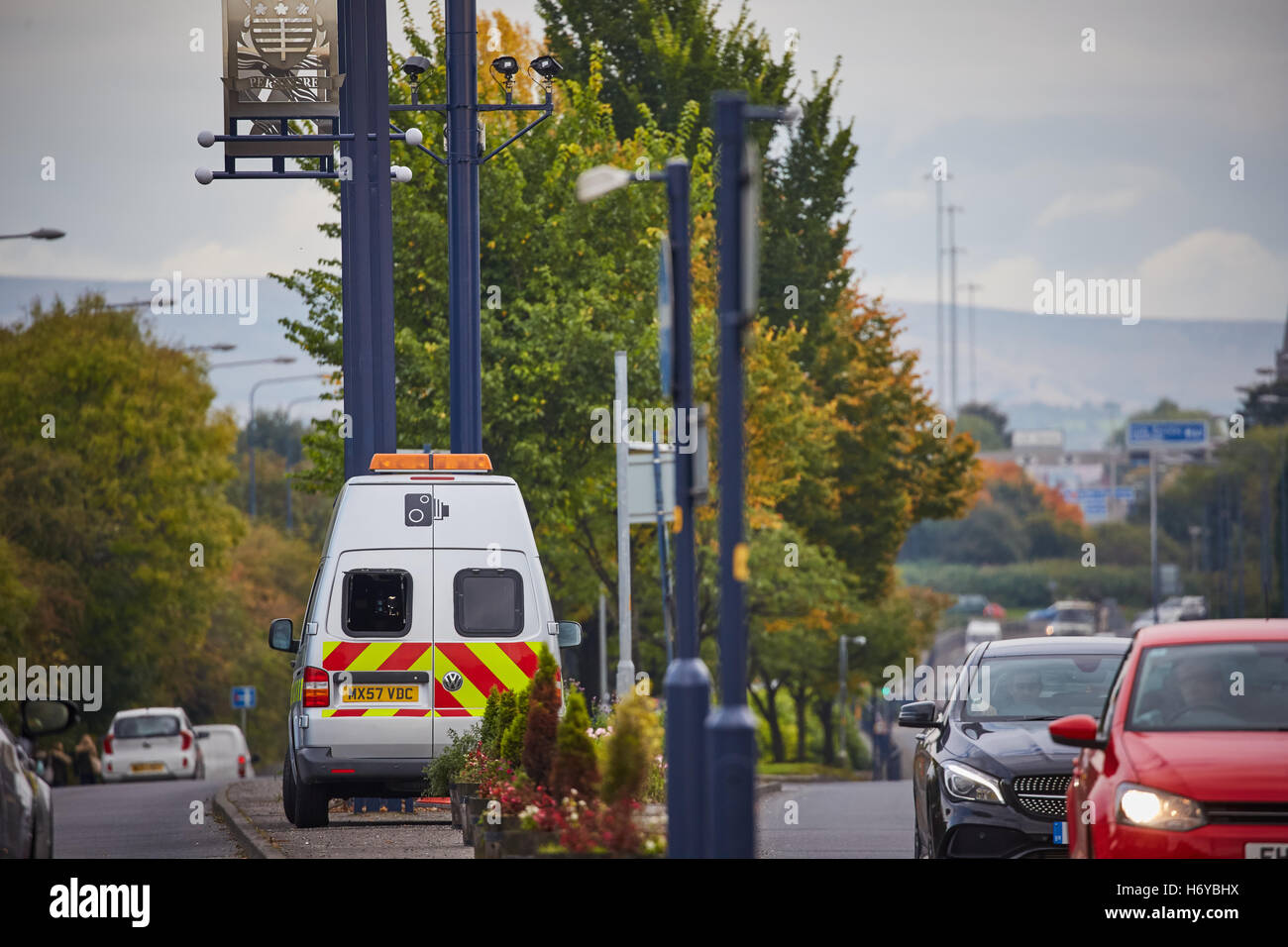 Applicazione mobile con velocità del veicolo una trappola57 Hyde Road controllo velocità Greater Manchester il potenziale di riduzione degli incidenti stradali van partenariato rad Foto Stock