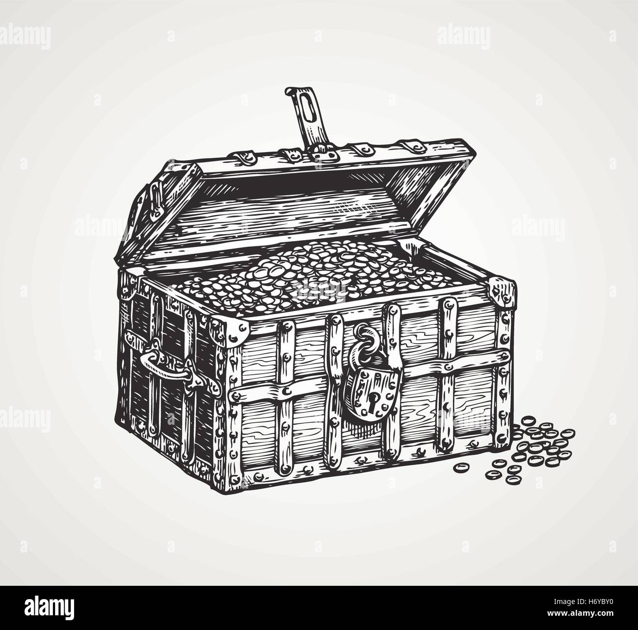 Cassa di legno con tesori. vintage schizzo illustrazione vettoriale Illustrazione Vettoriale