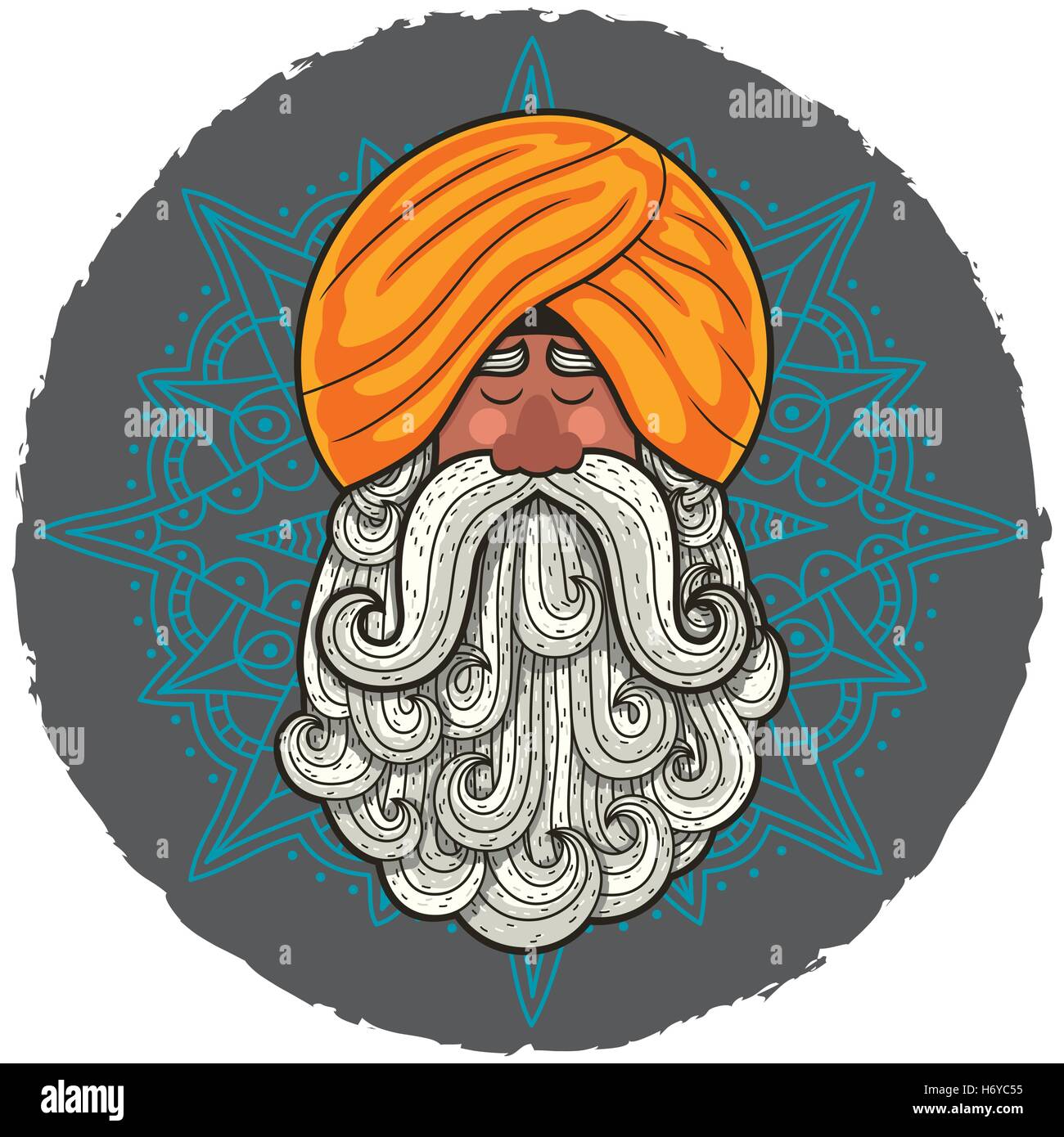 Cartoon ritratto del guru indiano con grande barba. Illustrazione Vettoriale