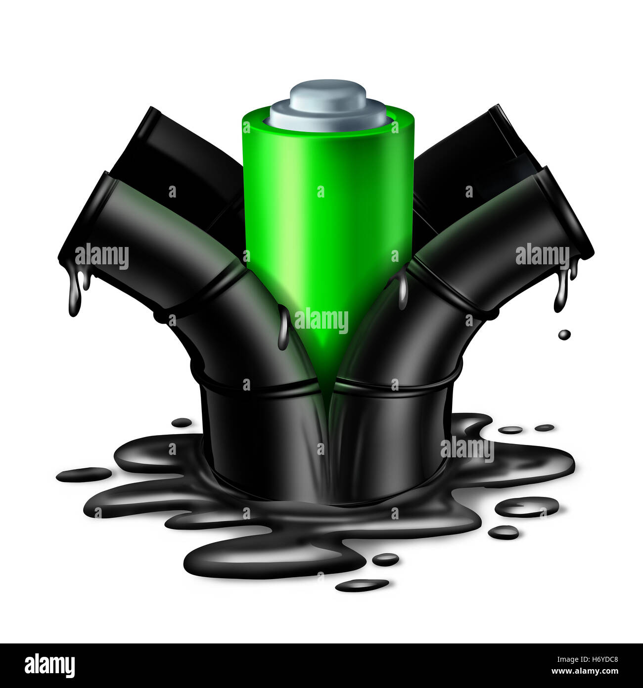 Batteria il concetto di energia come un verde carburante pulito oggetto elettrico la rottura di un olio sporco può con gocciolamento il petrolio come una potenza Foto Stock