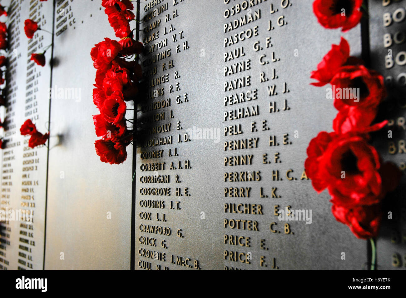 I visitatori lasceranno rosso papavero di carta in rotolo di onore parete per cari uccisi in azione. Australian War Memorial. canberra. agire Foto Stock