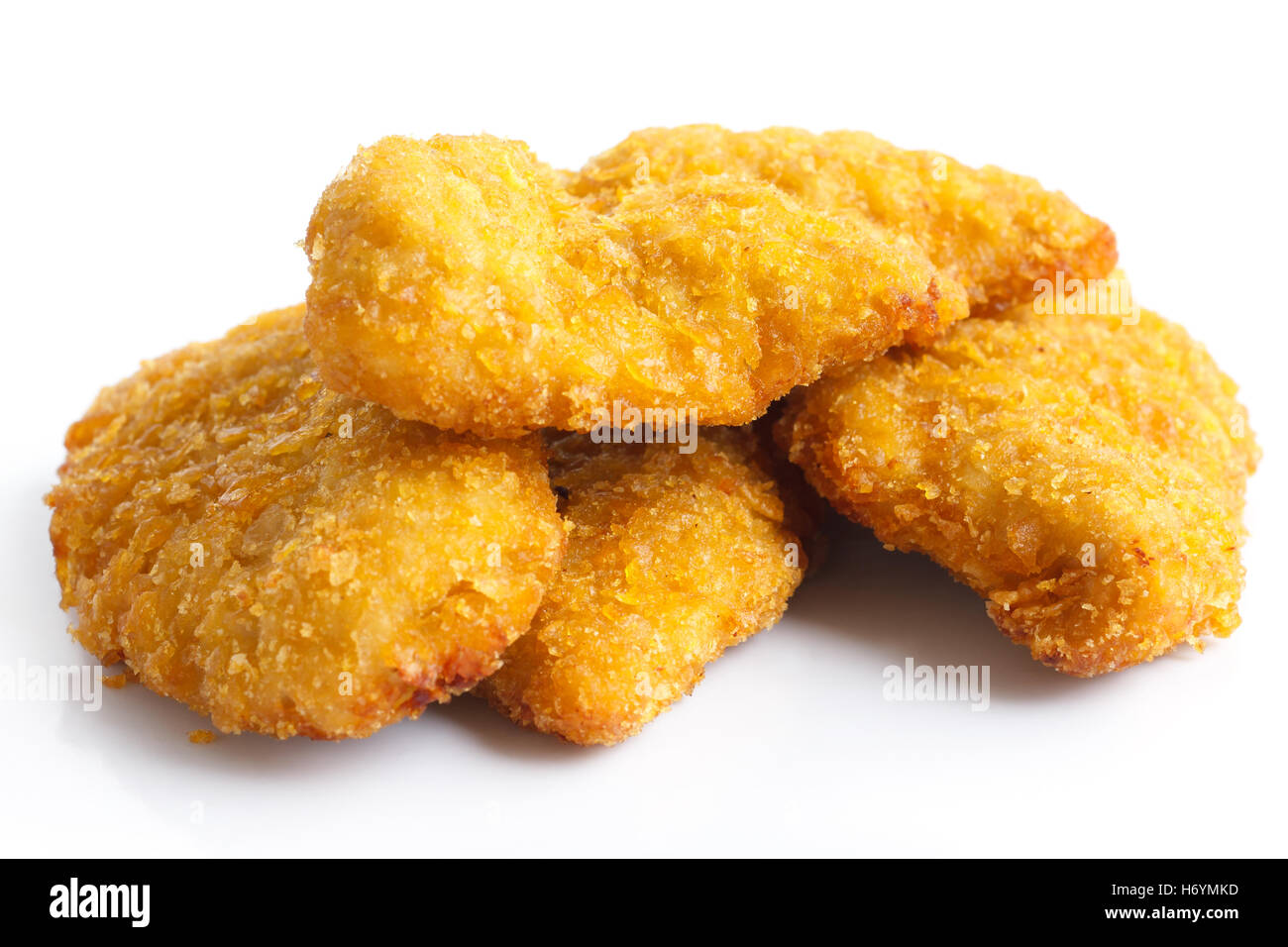 Golden Fried Chicken strisce su bianco. Foto Stock