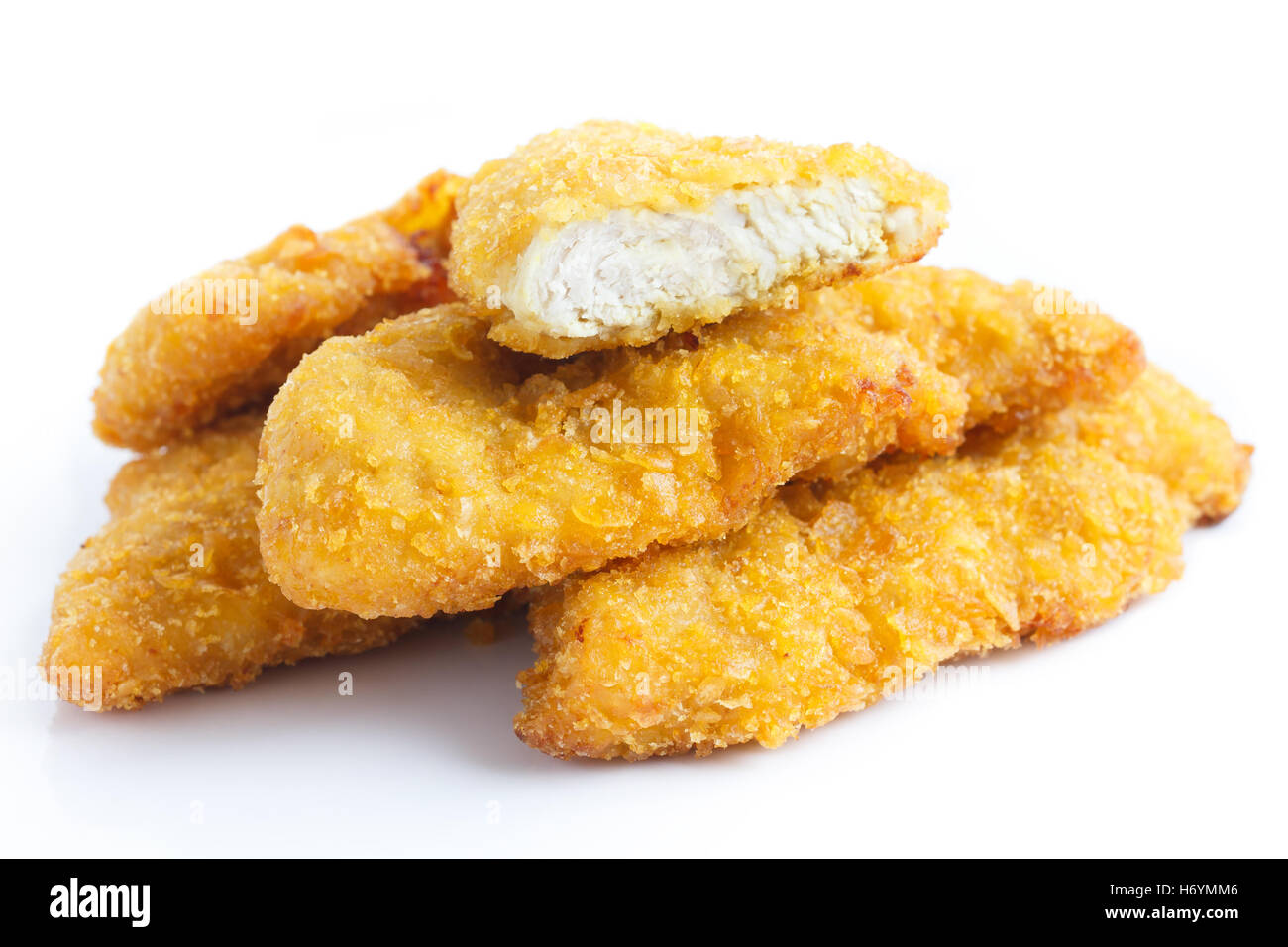 Golden Fried Chicken strisce su bianco. Foto Stock