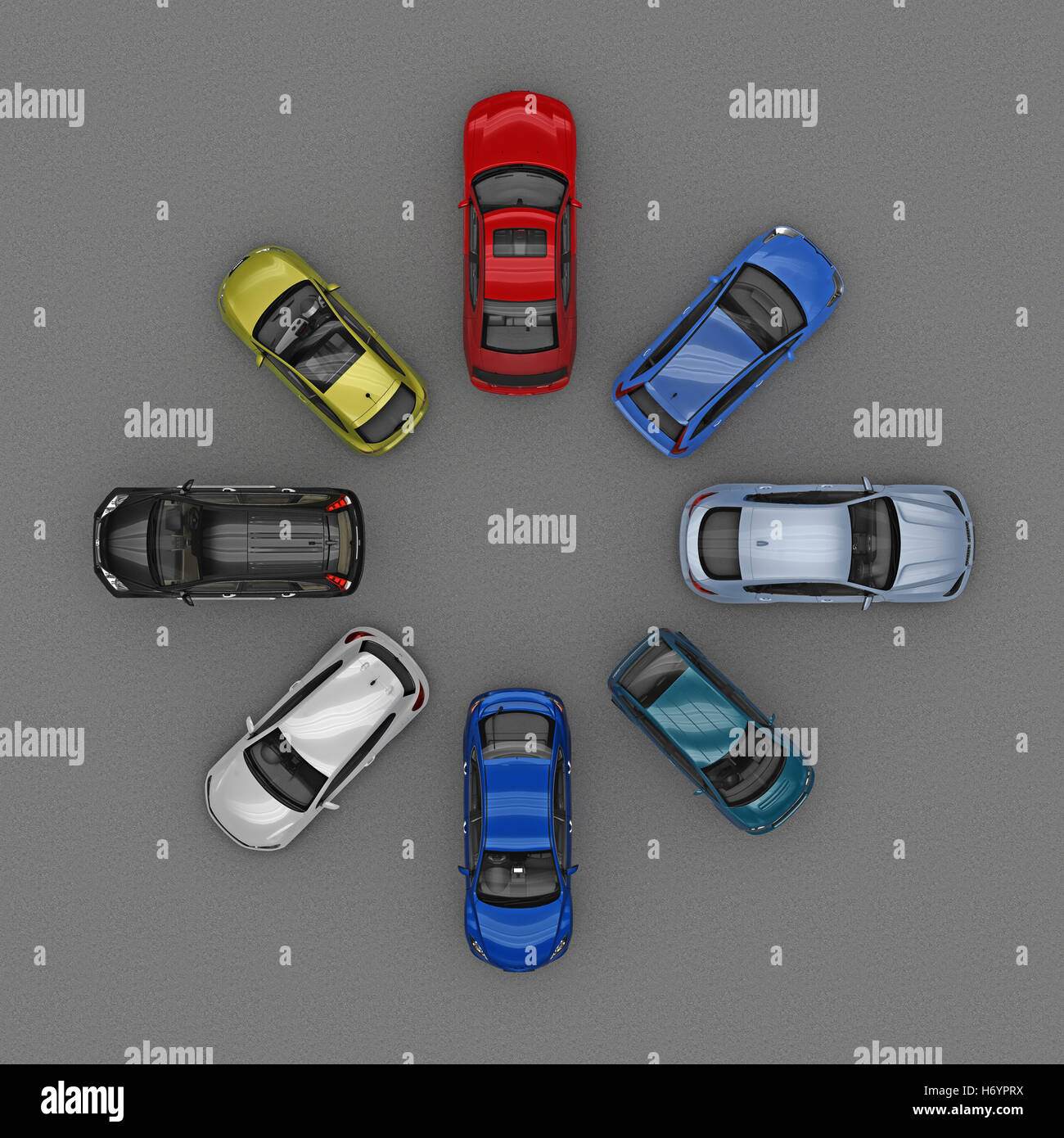 Automobili in piedi la forma di un cerchio. vista dall'alto. Il rendering 3D Foto Stock