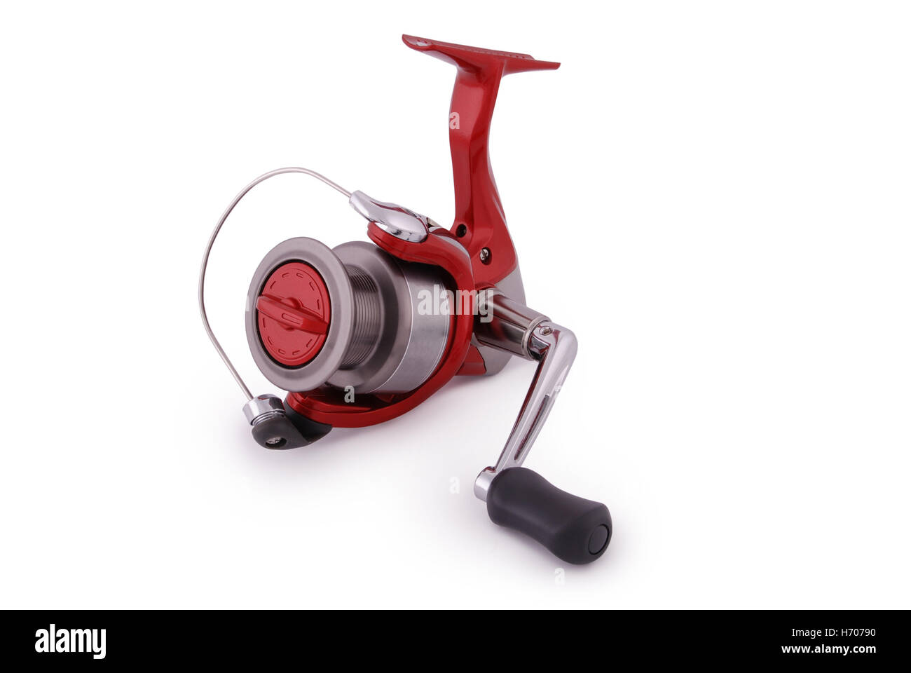 La pesca con il mulinello asta isolata su sfondo bianco. Primo piano con tracciato di ritaglio Foto Stock