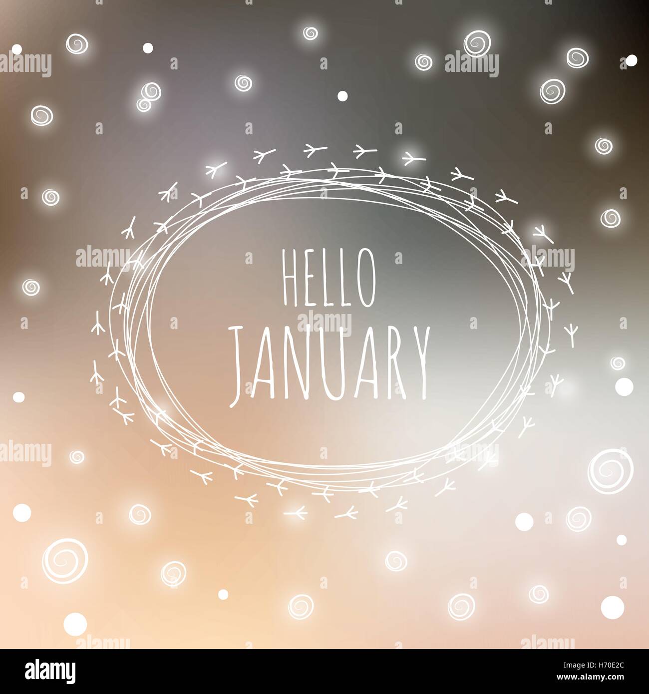 Ciao a gennaio. La caduta di fiocchi di neve e impronte di uccelli vettore scritte a mano. Scheda luce design la sfocatura dello sfondo. Carte di stagione Illustrazione Vettoriale