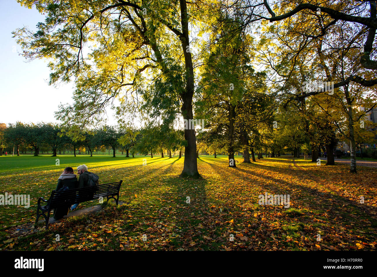 I visitatori su una panchina nel parco nei prati, Edimburgo, Scozia come la bassa luce del sole autunnale gettato ombre lunghe attraverso gli alberi. Foto Stock