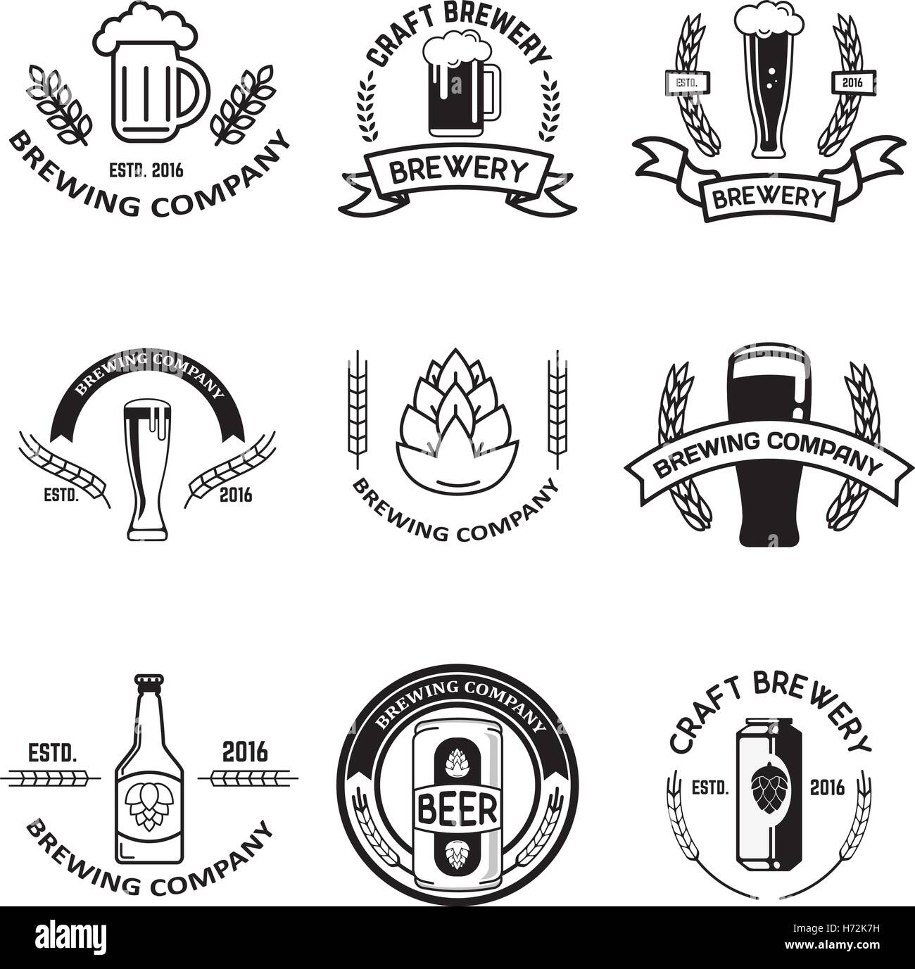 Set di etichette di birre in stile linea. Gli elementi di design per il logo, l'etichetta, emblema, segno, il marchio. Illustrazione Vettoriale. Illustrazione Vettoriale