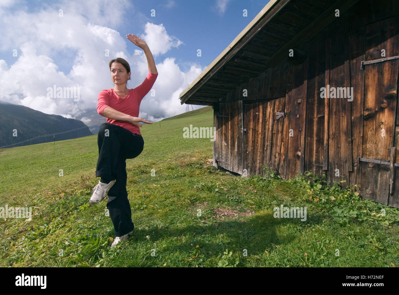 Donna, inizio 40s, facendo Tai Chi davanti a una capanna in legno nelle alpi svizzere, Svizzera, Europa Foto Stock
