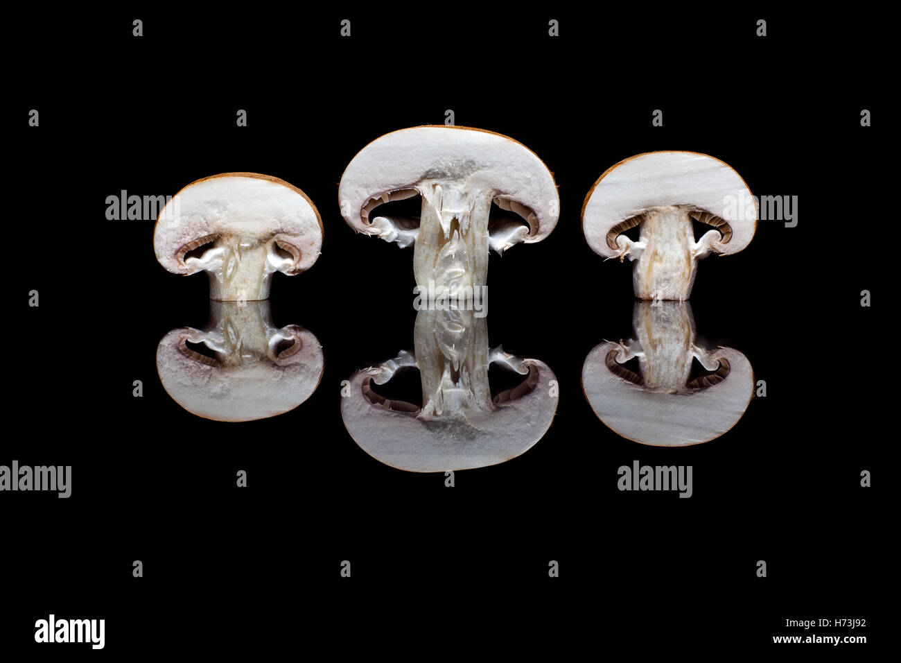 Tre dimezzato freschi champignon marrone in fila isolato nero su sfondo riflettente Foto Stock