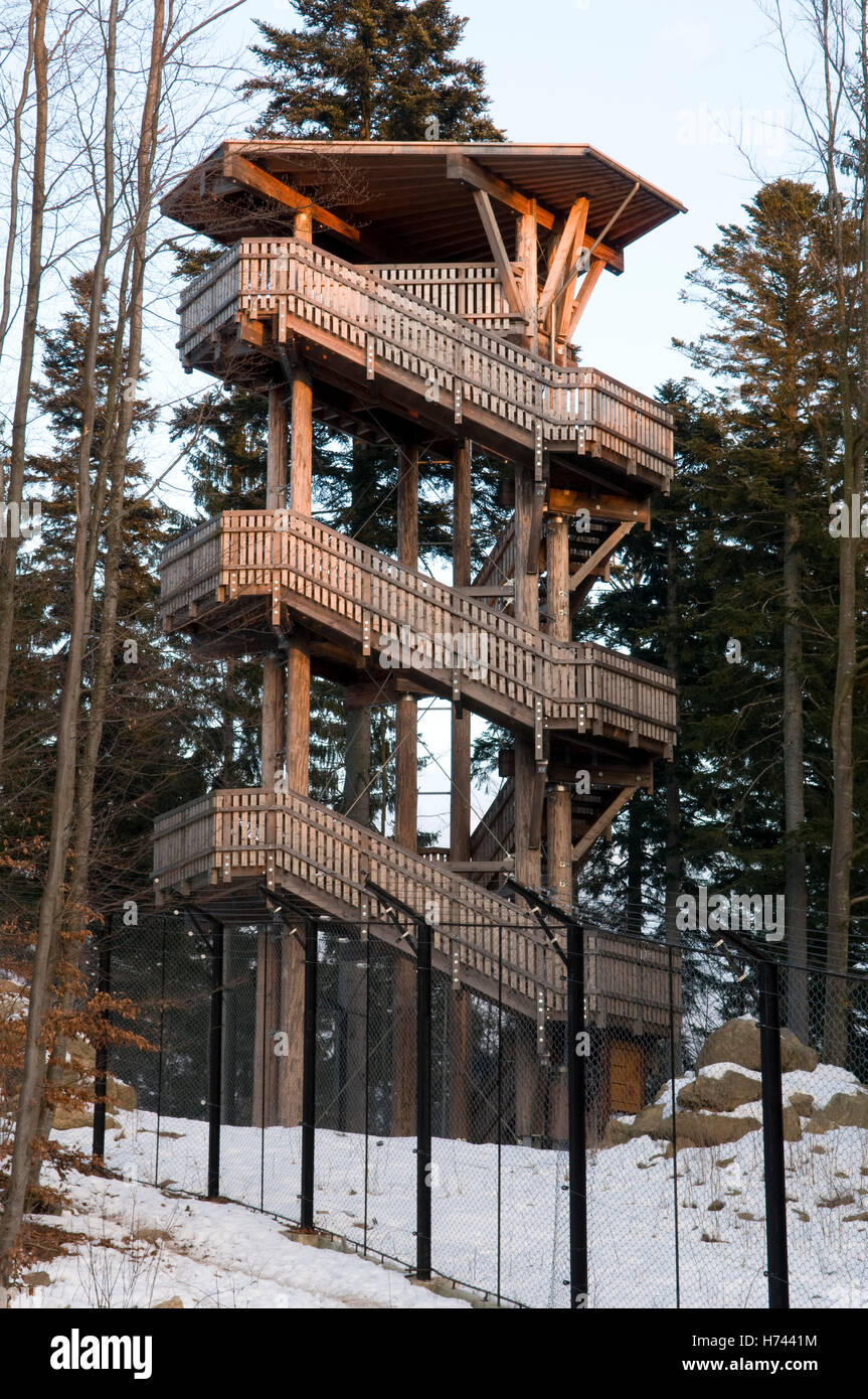 Torre di osservazione nel recinto faunistico, Naturpark Bayerischer Wald parco nazionale della Foresta Bavarese, Bavaria Foto Stock