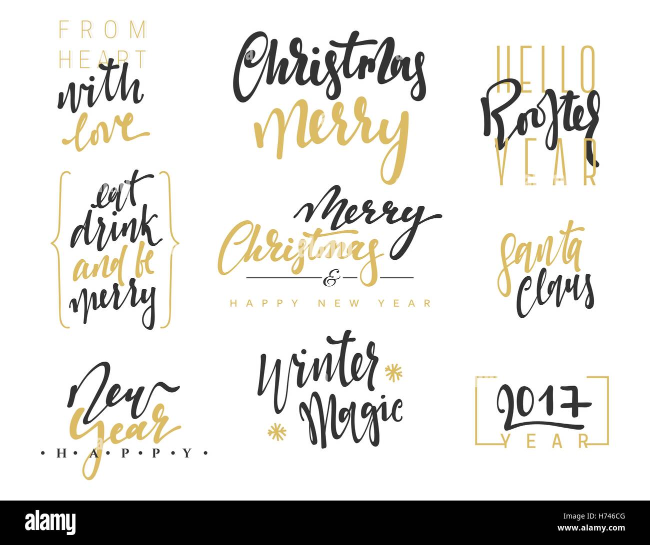 Buon Natale scritte Set Design. Calligraphy iscrizione artigianale di Buon Natale e Felice Anno Nuovo Illustrazione Vettoriale