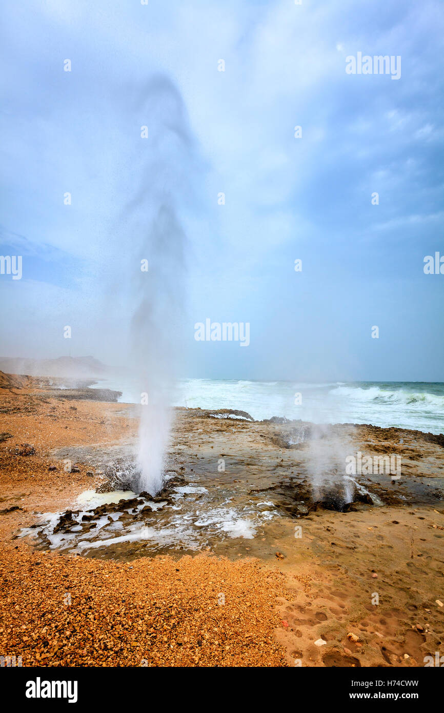 Soffiare i fori in corrispondenza al Mughsayl spiaggia vicino Salalah, Oman Foto Stock