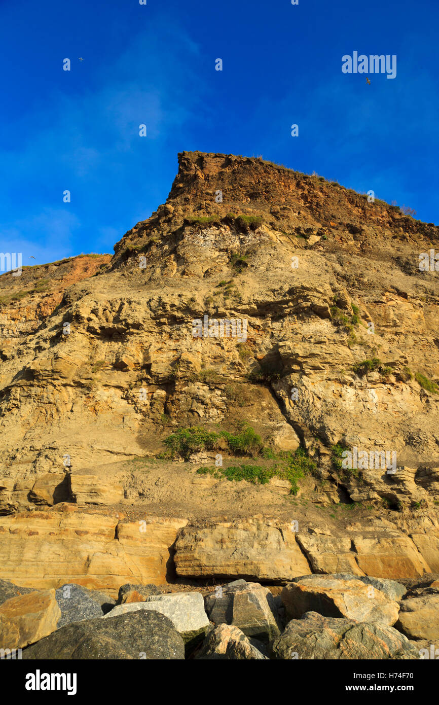 Al di sotto di una scogliera in Staithes, nello Yorkshire, Regno Unito Foto Stock