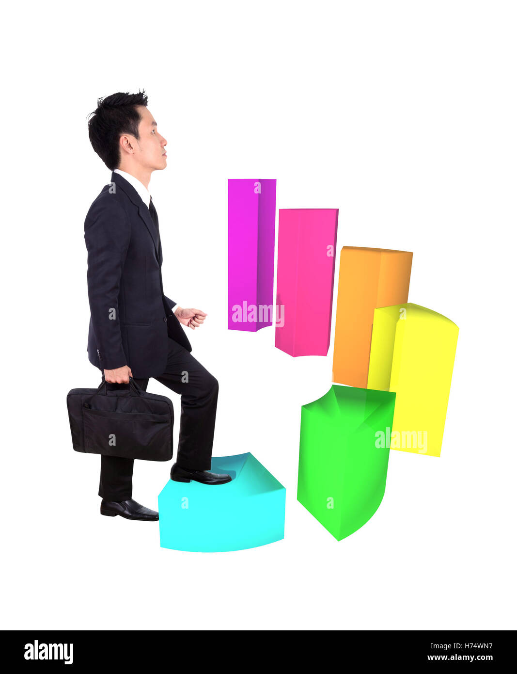 Business man passi avanti su un crescente 3d circolare grafico a barre Foto Stock