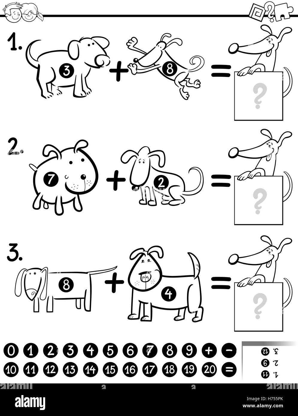 Bianco e Nero Cartoon illustrazione di Educational addizione matematica compito di attività per i bambini con i caratteri del cane Colorin Illustrazione Vettoriale