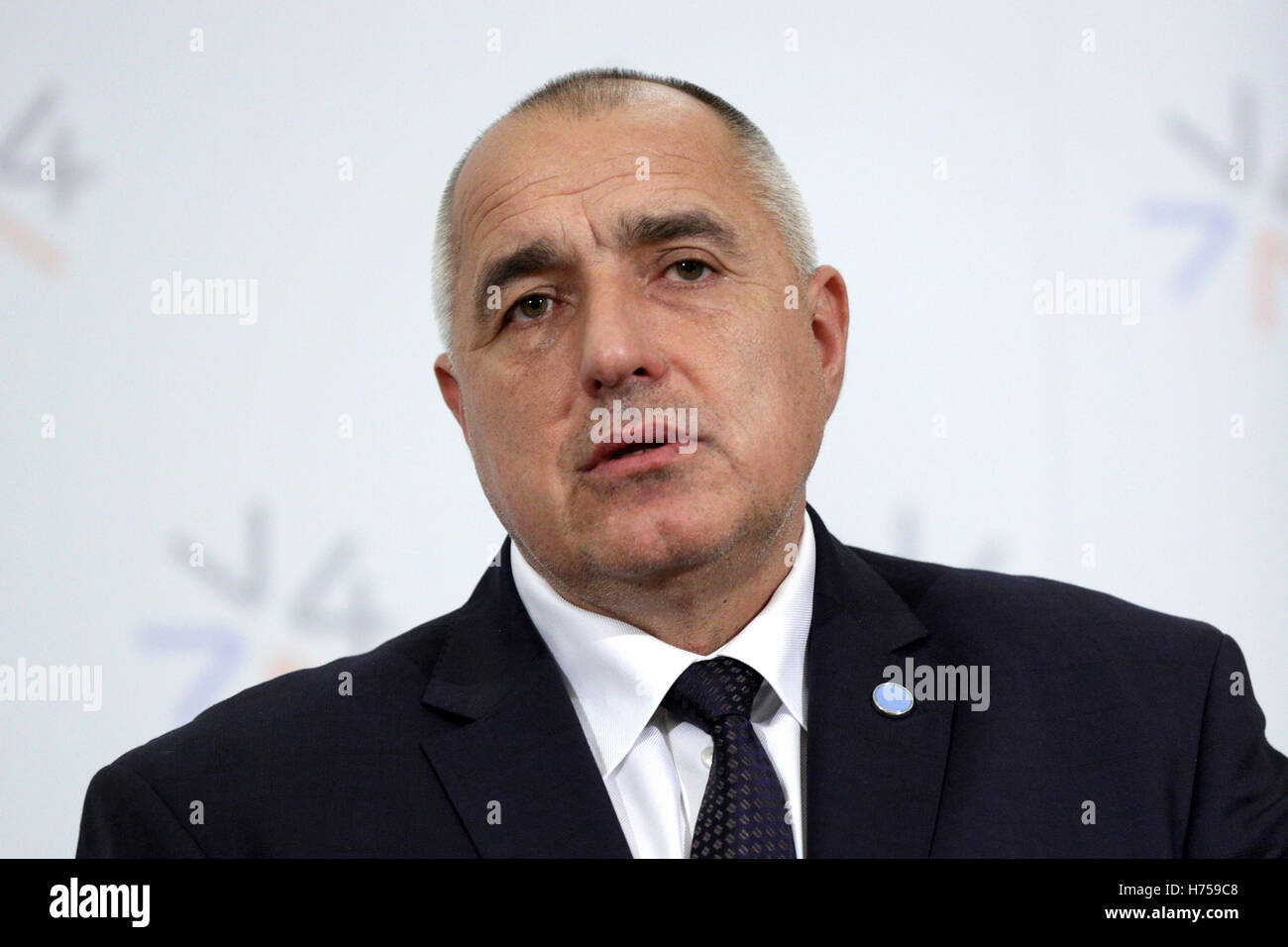 Praga, Repubblica Ceca - 15 Febbraio 2016: i Primi Ministri di Bulgaria Boyko Borissov si parla nel corso di una conferenza stampa Foto Stock