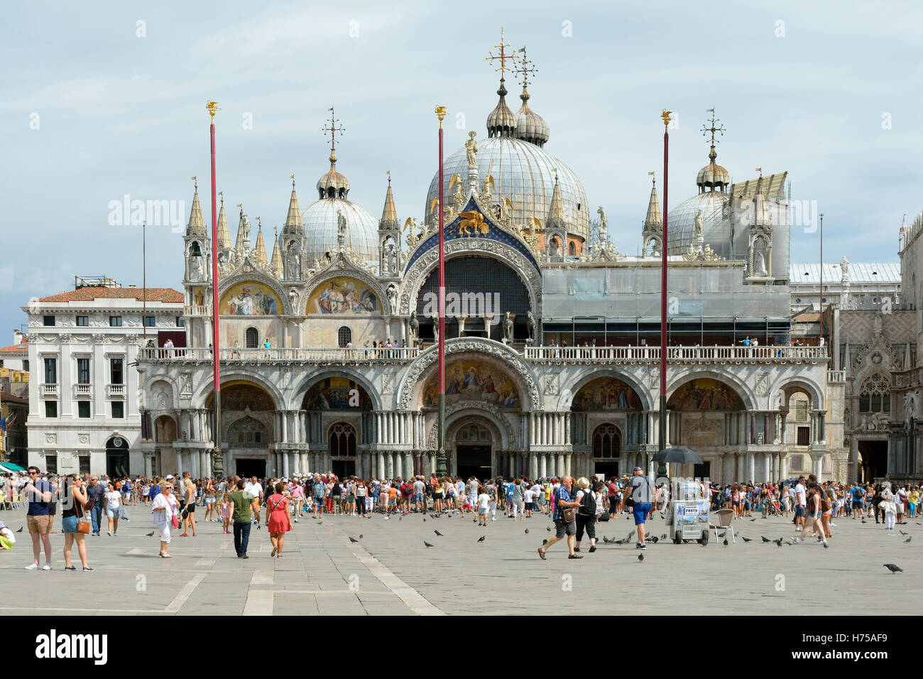 Piazza San Marco con i turisti davanti la Basilica di San Marco di Venezia in Italia. Foto Stock