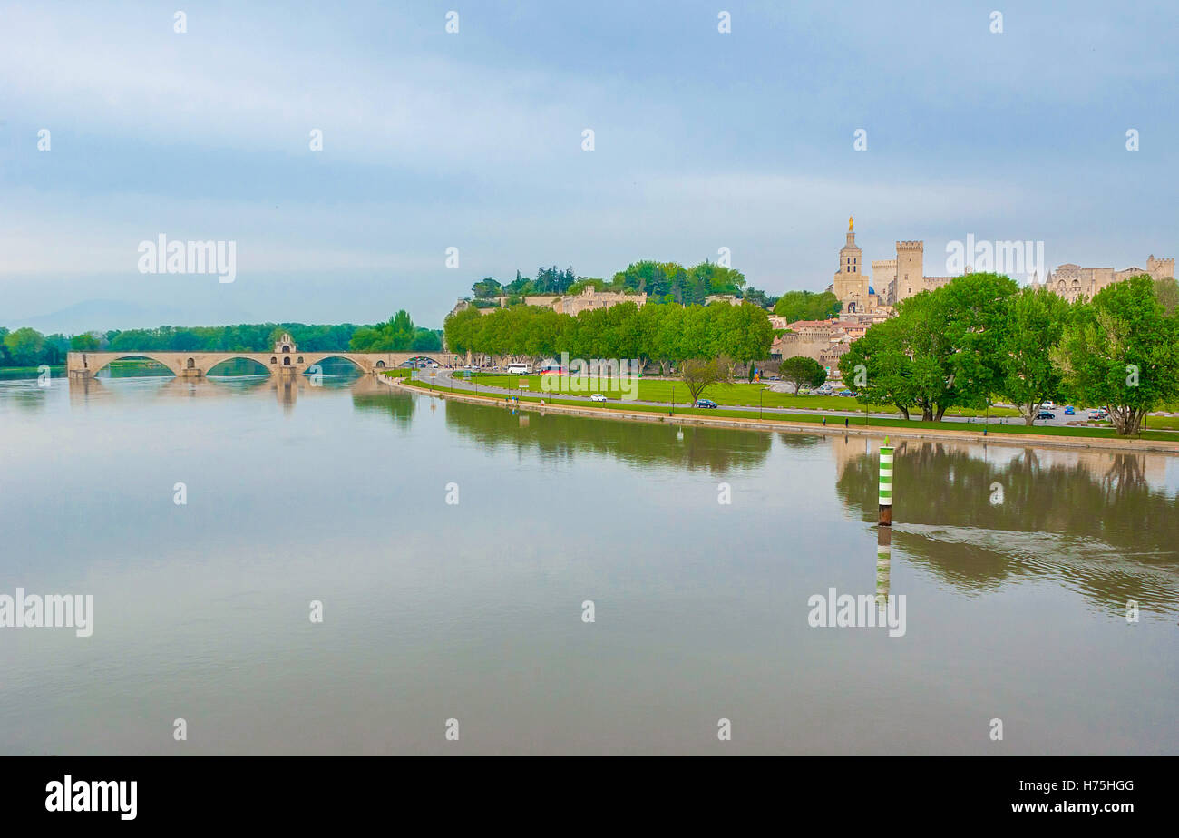 La vista del Pont d'Avignone sul fiume Rodano, la cattedrale di Notre Dame des Doms e il Palais des Papes (Palazzo Papale) nel centro di Avignone, in Francia Foto Stock