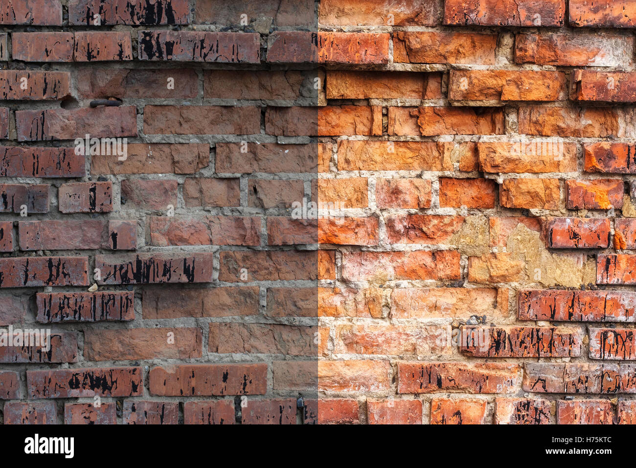 Foto prima e dopo l'immagine processo di editing. Muro di mattoni Foto Stock