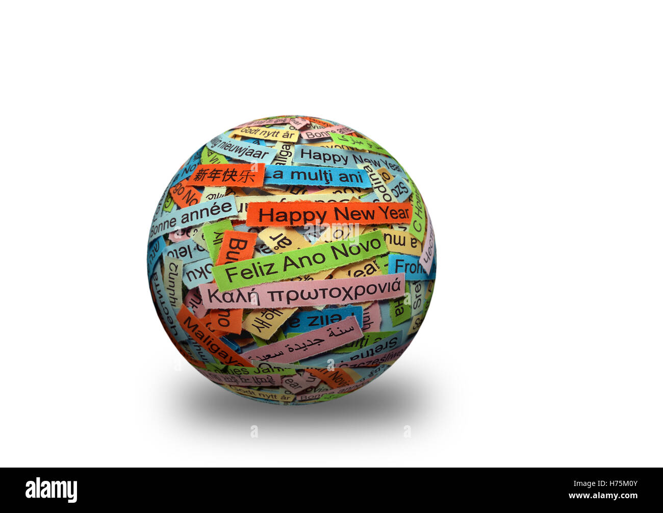 Felice anno nuovo Word Cloud stampato su carta colorata diverse lingue su 3d sfera Foto Stock