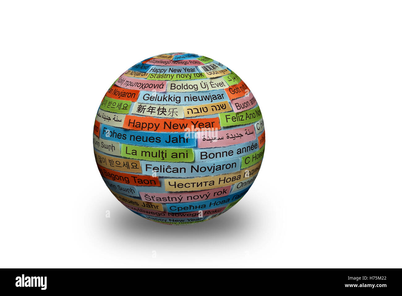 Felice anno nuovo Word Cloud stampato su carta colorata lingue diverse Foto Stock