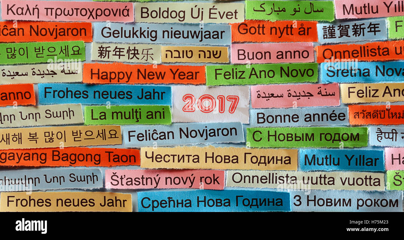 Felice anno nuovo Word Cloud stampato su carta colorata lingue diverse Foto Stock