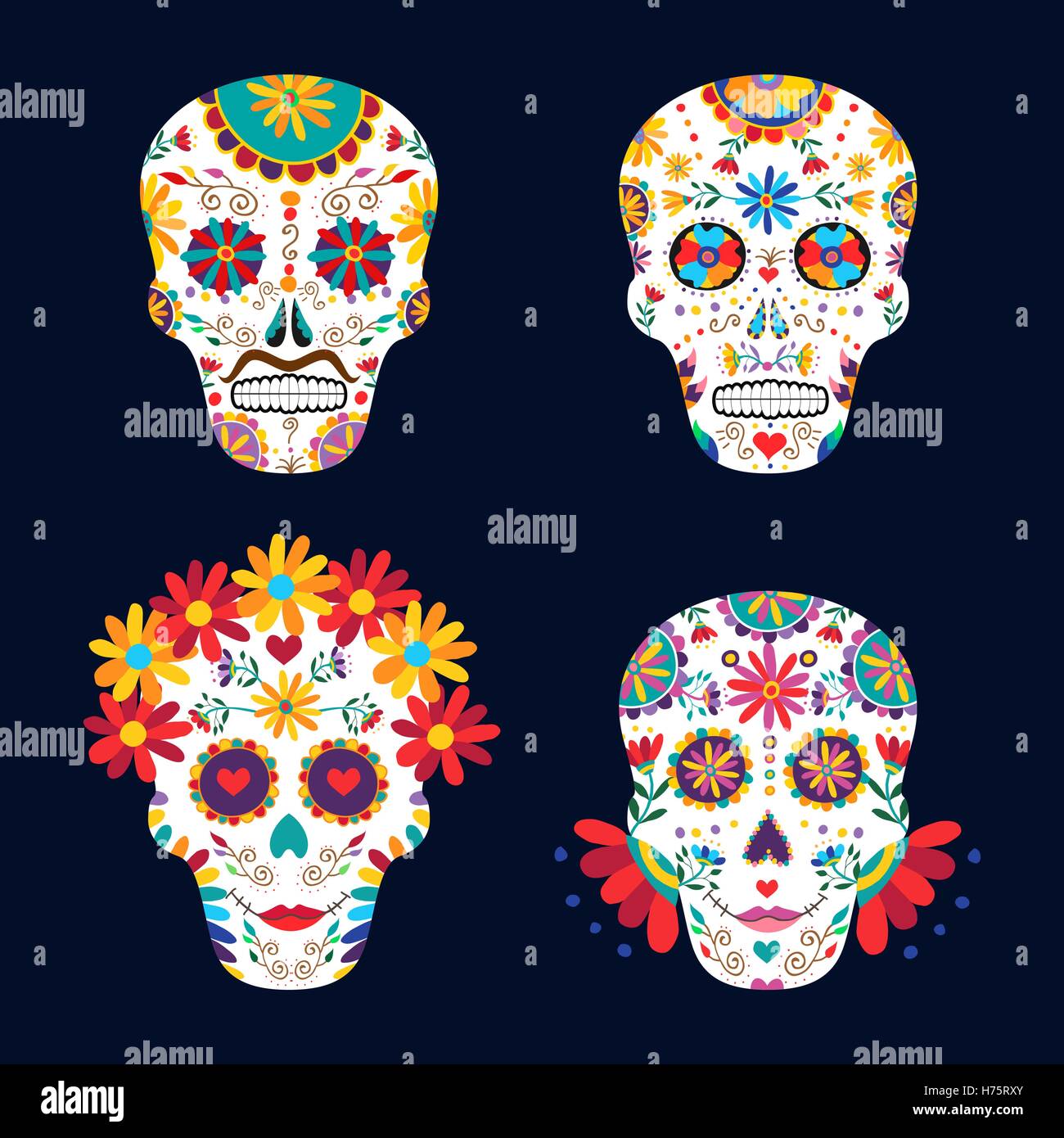 Cranio impostata per il giorno dei morti la celebrazione, tradizionale messicano decorazioni con fiori colorati e arte. EPS10 vettore. Illustrazione Vettoriale