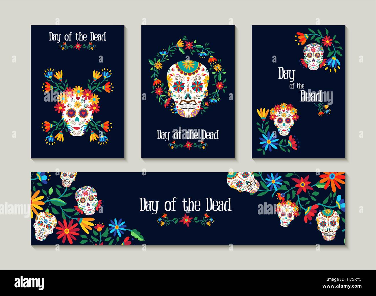 Il giorno dei morti insieme di modelli per il biglietto di auguri, etichette o tag. Tradizionale messicana con decorazioni colorate opere d'arte e fiori. EPS1 Illustrazione Vettoriale