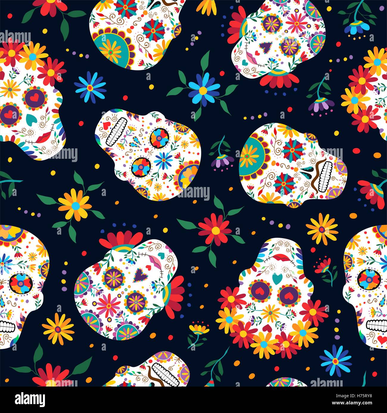 Il giorno dei morti seamless pattern con tradizionale messicana teschio di zucchero decorazione, fiori colorati e arte. EPS10 vettore. Illustrazione Vettoriale