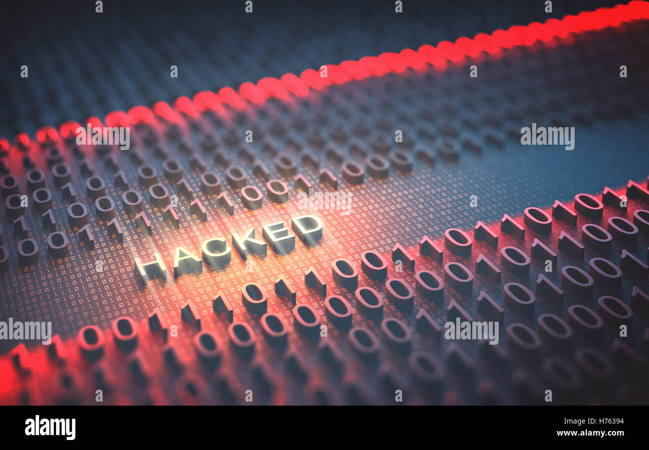 3D illustrazione del codice binario interrotto dalla parola 'violato' Foto Stock