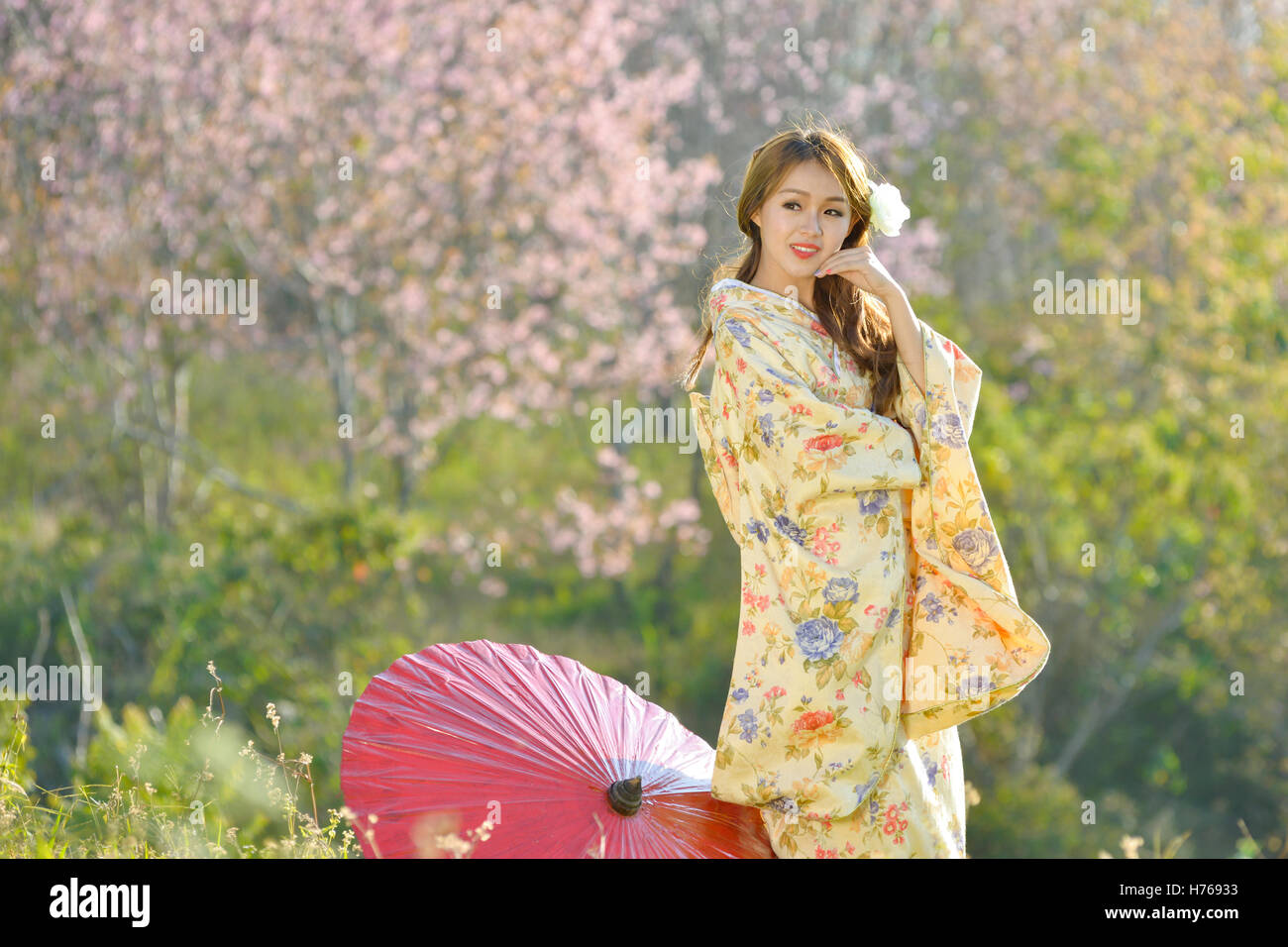 Donna asiatica indossando il tradizionale kimono giapponese Foto Stock