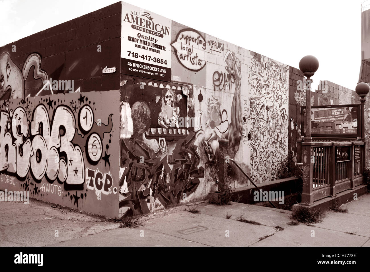 Muro di graffiti murali di arte di strada lungo Meserole St in Oriente Williamsburg / Brunswick sezione di Brooklyn, New York City, Stati Uniti d'America entrata al treno L Foto Stock