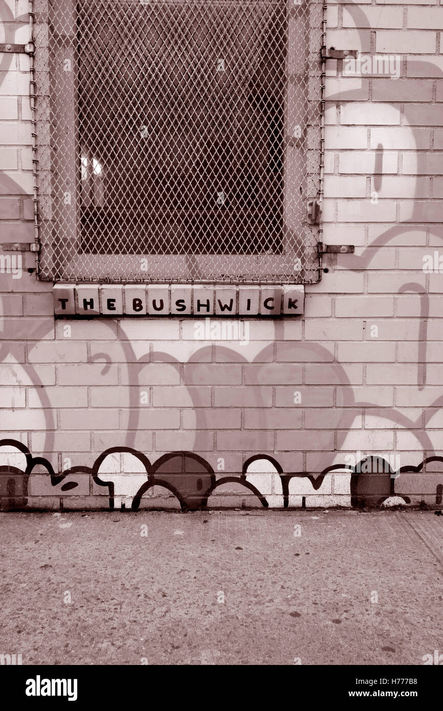 Muro di graffiti murali di arte di strada lungo Meserole St in Oriente Williamsburg / Brunswick sezione di Brooklyn, New York City, usa i tag e un polpo Foto Stock