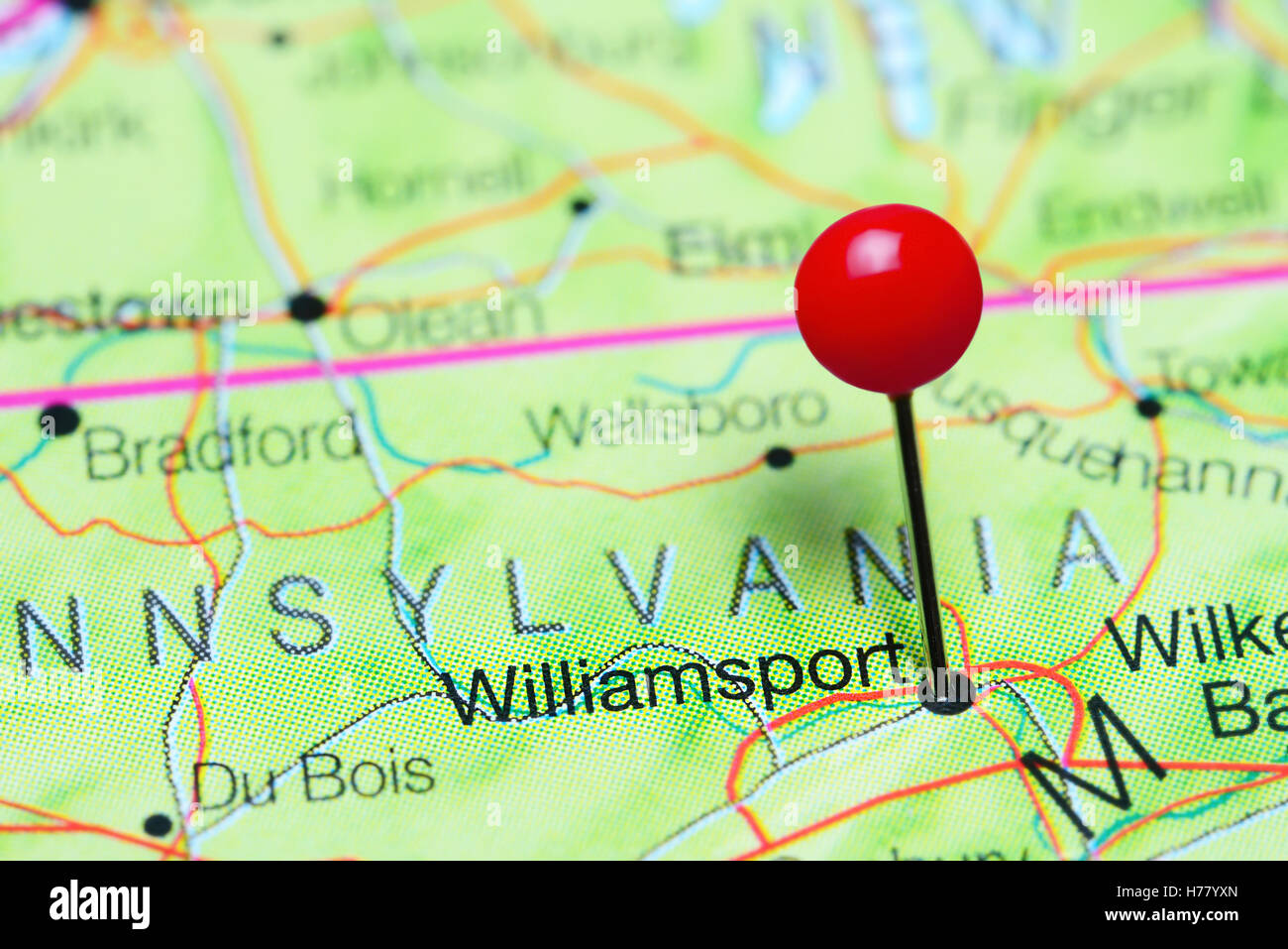 Williamsport imperniata su una mappa della Pennsylvania, STATI UNITI D'AMERICA Foto Stock