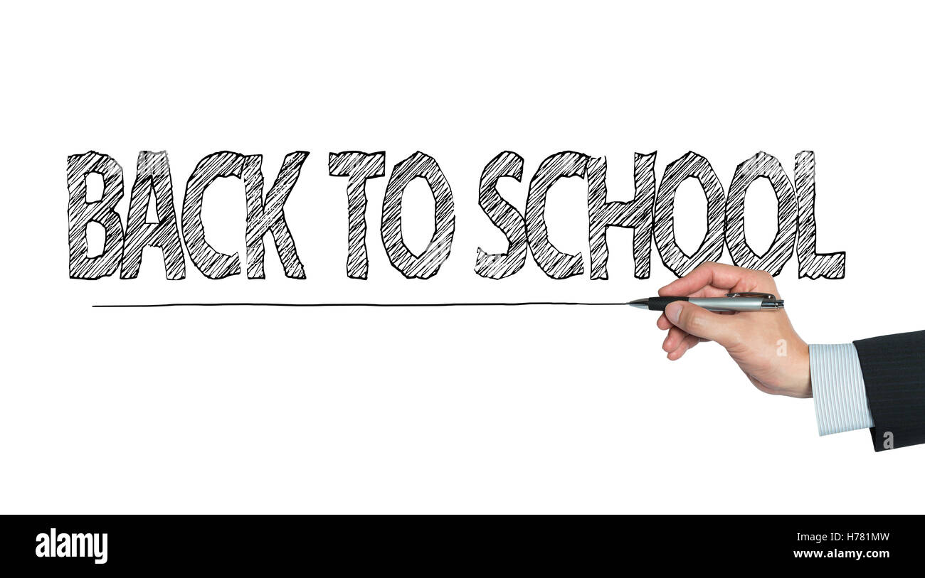 Si torna a scuola scritto a mano, la scrittura a mano sul pannello trasparente, foto Foto Stock