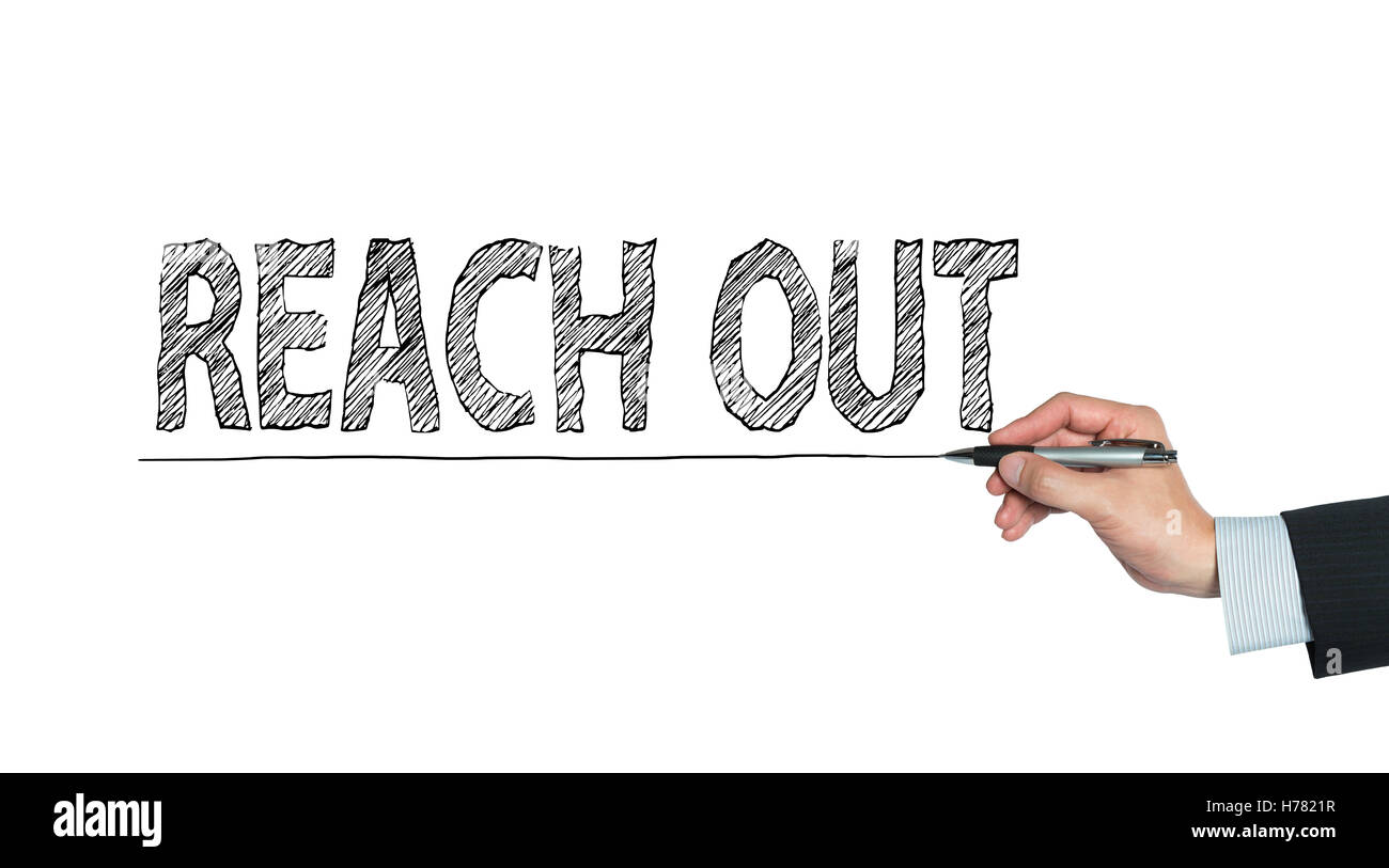 Reach Out scritto a mano, la scrittura a mano sul pannello trasparente, foto Foto Stock