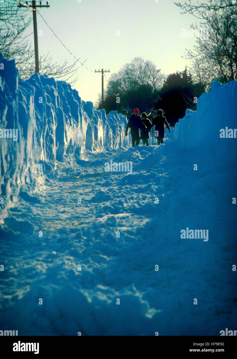 I bambini a piedi giù per una strada di campagna parzialmente cancellato dopo la cancellazione dopo il blizzard di 1982, in cui un forte vento da est lasciato i campi per lo più chiara e lasciato cadere la neve fino ad una altezza di 2 metri a nord - sud strade. Queste sono girato circa quattro miglia a nord di Ratoath, nella contea di Meath, Irlanda. Foto Stock