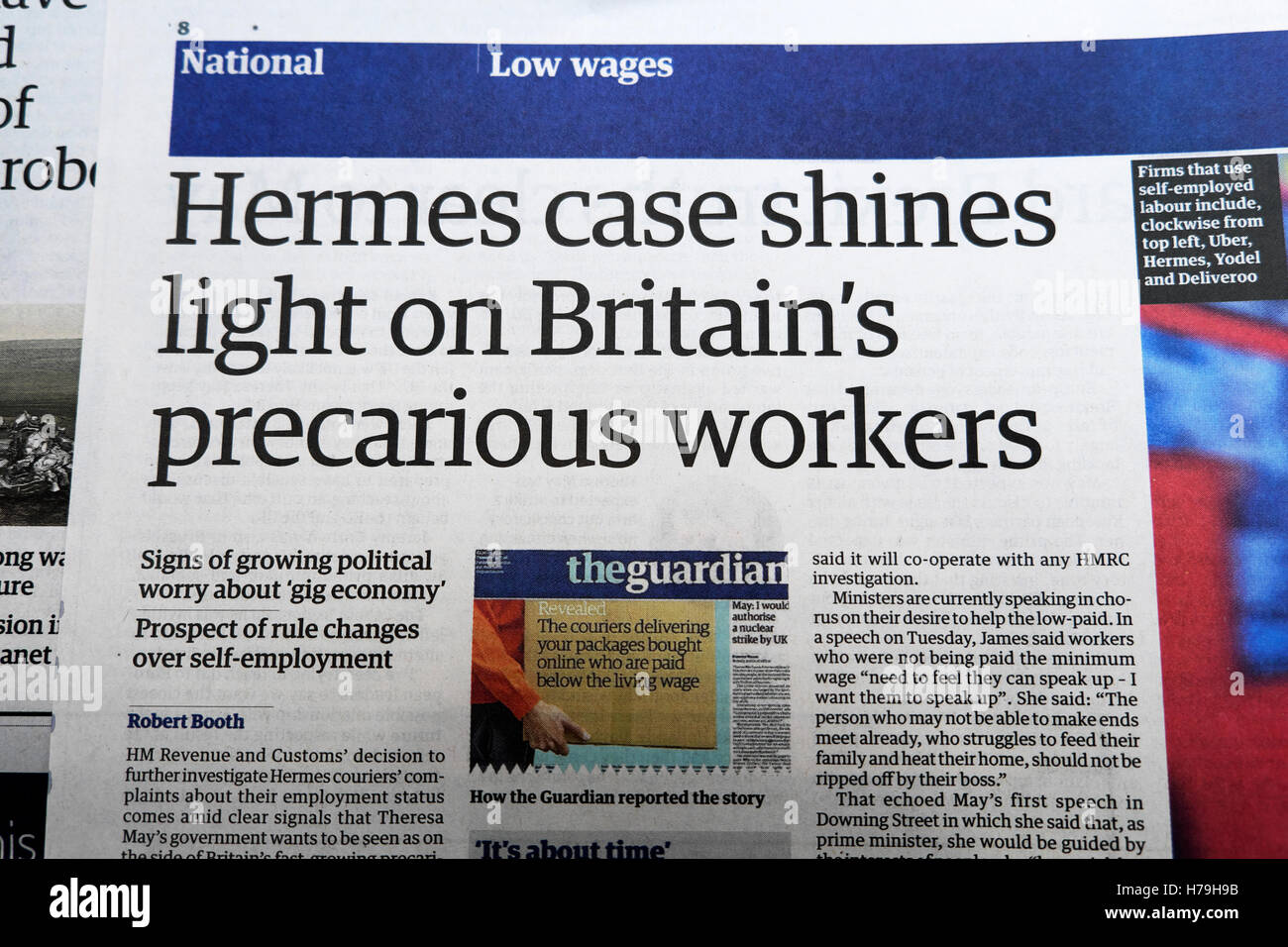 " Hermes caso brilla di luce sulla Gran Bretagna da lavoratori precari' Guardian gig economia articolo di giornale re: self occupazione e salari (salari bassi) 2017 Foto Stock