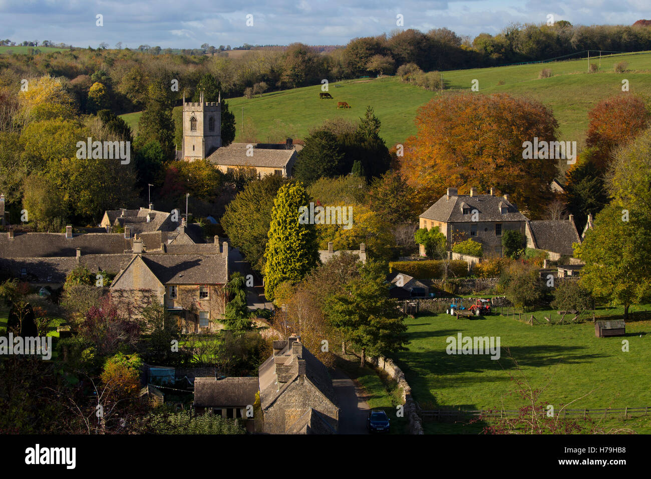 Villaggio di Naunton in autunno,Cotswolds,Gloucestershire,Inghilterra Foto Stock