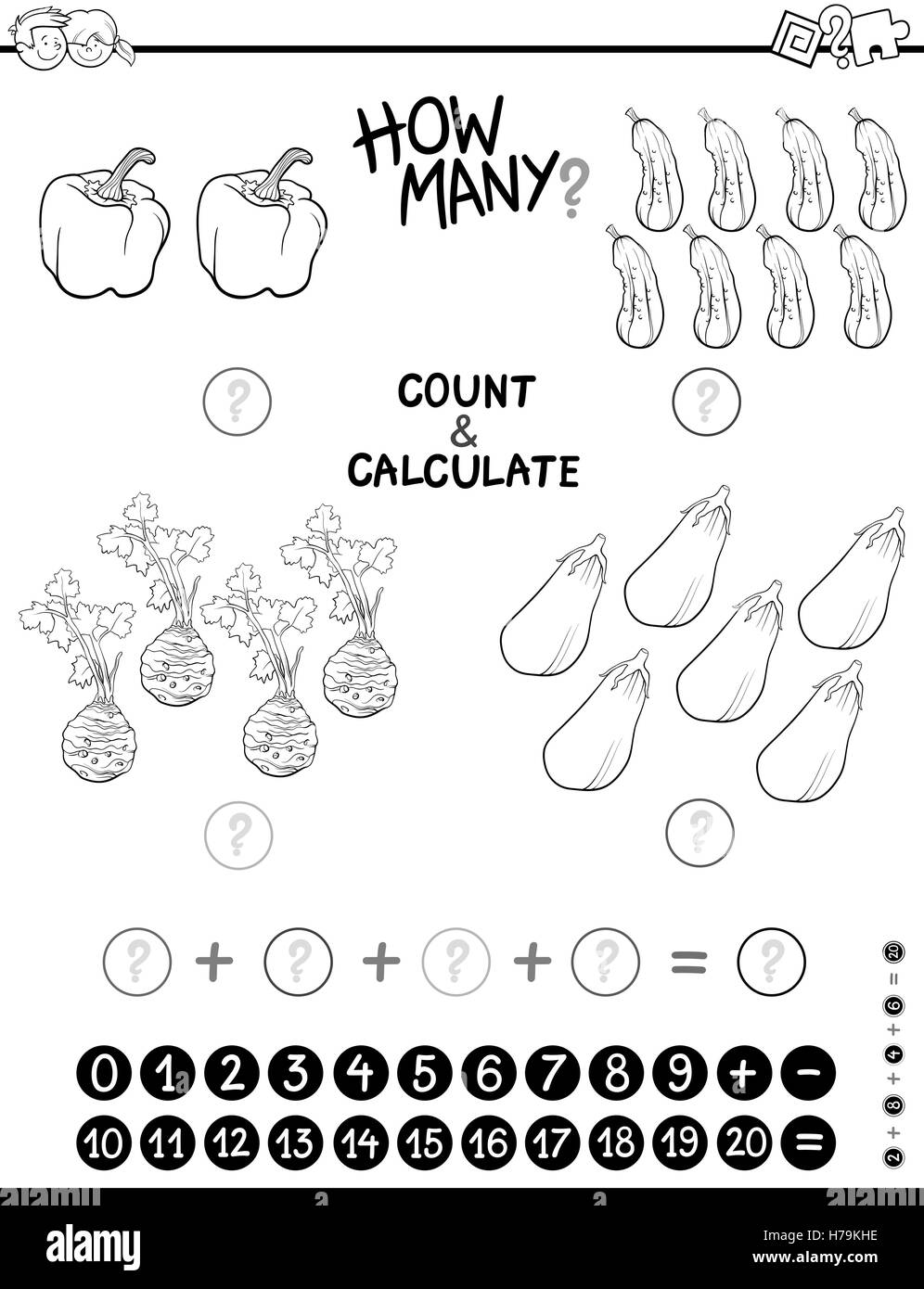 Bianco e Nero Cartoon illustrazione di Educational conteggi matematici e aggiunta attività per bambini nella pagina di colorazione Illustrazione Vettoriale