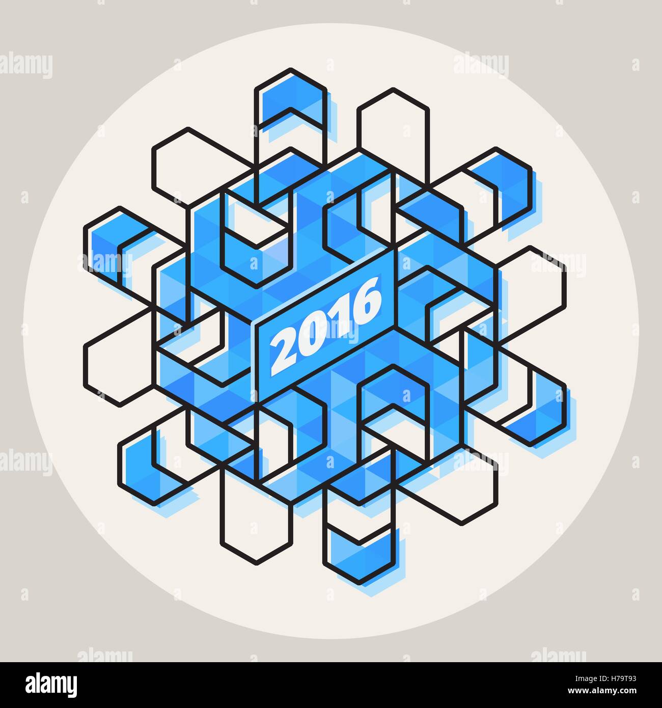 Vector Anno Nuovo 2016 Blu geometrico forma di fiocco di neve in cerchio con la linea tecnica Offset di corsa Illustrazione Vettoriale