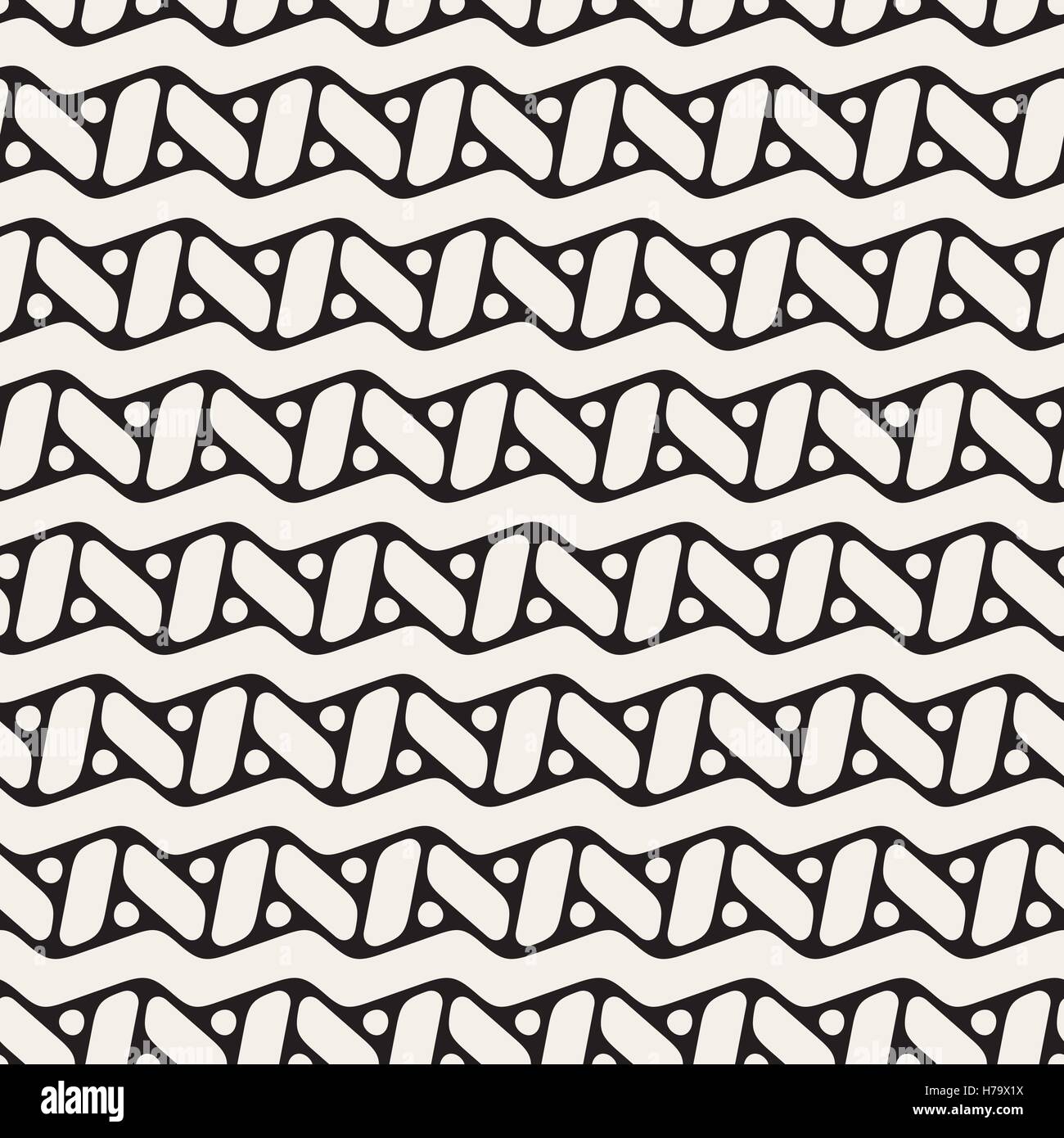 Vector Seamless in bianco e nero arrotondato linea a zig-zag cerchi e rettangoli Pattern Illustrazione Vettoriale