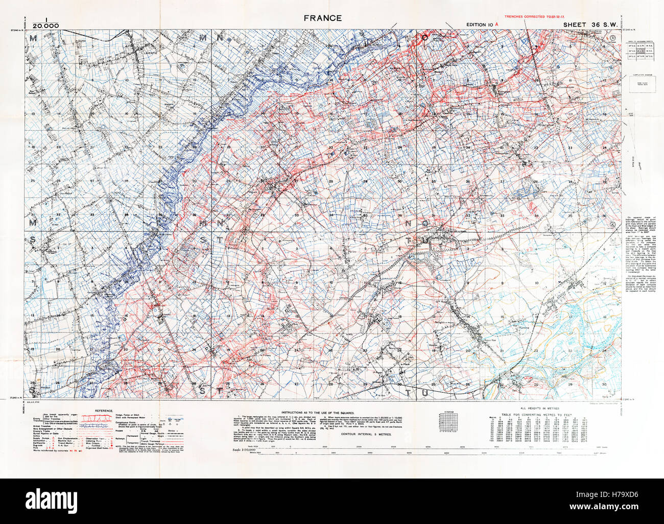 Aubers e Neuve Chapelle mappa del campo di battaglia, 1918 Edizione gennaio 10A 1:20.000 mappa militare del settore britannico tra lente e Lille, con quadrato 36 trincee SW corretto al dicembre 1917 Foto Stock