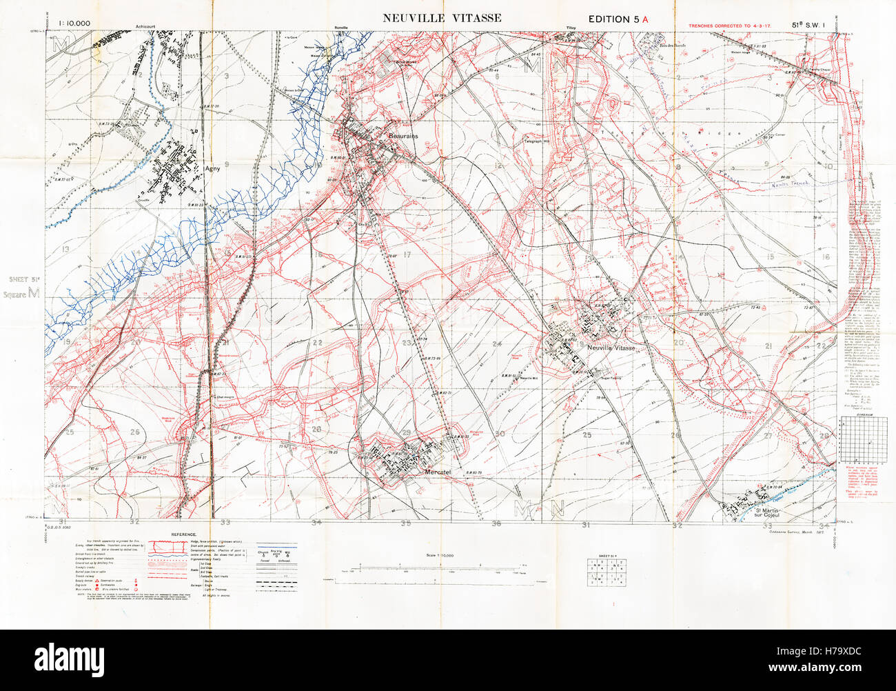 Neuville Vitasse mappa del campo di battaglia, 1917 Edition 5A 1:10.000 mappa militare del settore britannico a sud est di Arras in Francia settentrionale, con quadrato 51B SW1, trincee corretta a marzo 1917 Foto Stock