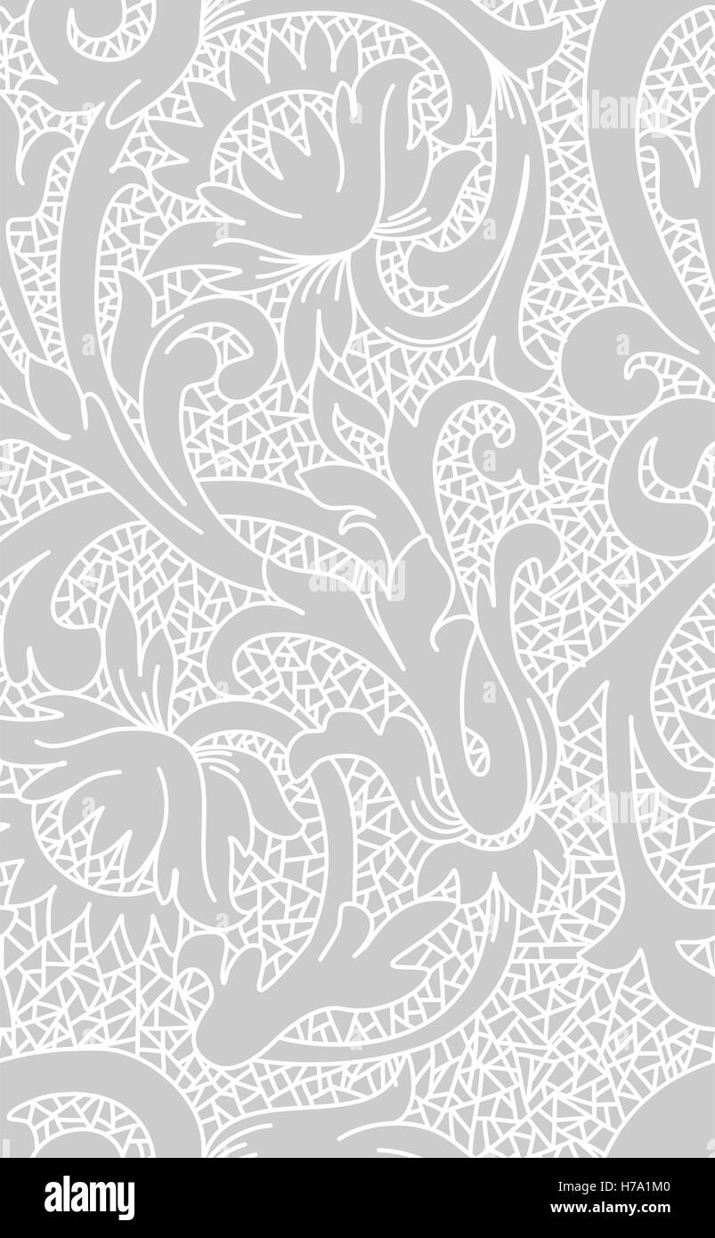 Seamless bianco in pizzo floreale pattern su sfondo grigio Illustrazione Vettoriale