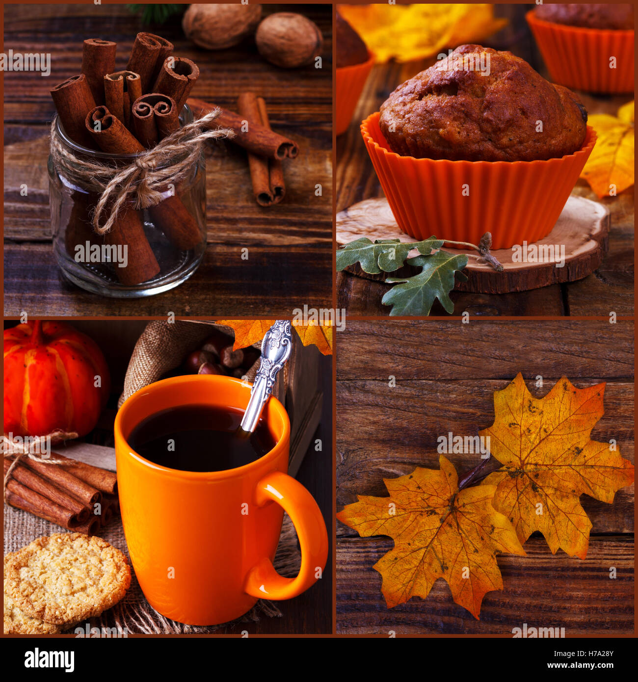 Autunno still life collage con zucca muffin,cookie,caffè e cannella Foto Stock