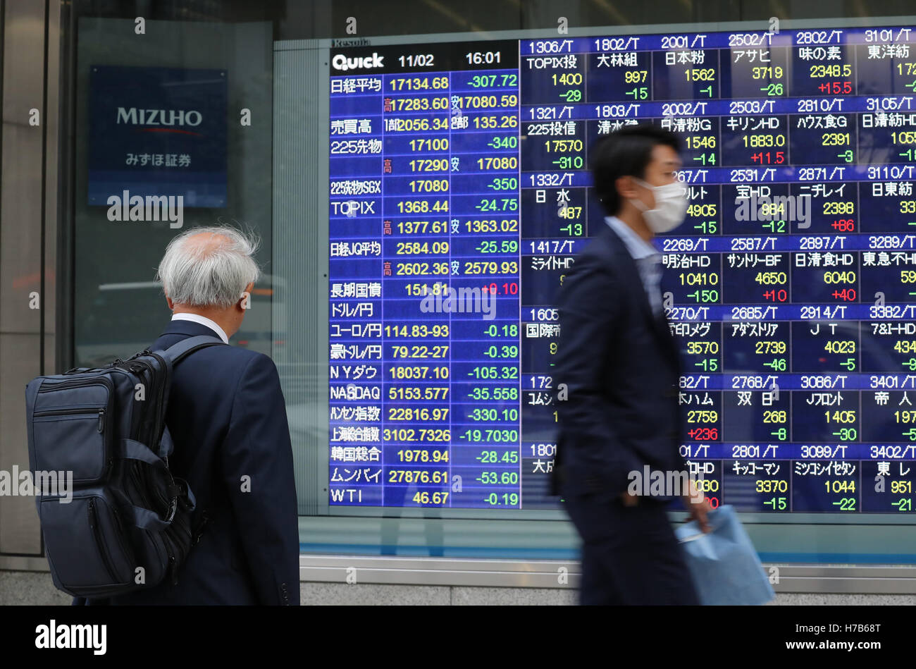 Tokyo, Giappone. 2° Nov, 2016. Un imprenditore passa prima di una quota di pensione prezzi a Tokyo il Mercoledì, 2 novembre 2016. La quota del Giappone è i prezzi sono diminuiti 307.72 yen per chiudere a 17,134.68 yen presso la Borsa di Tokyo. © Yoshio Tsunoda/AFLO/Alamy Live News Foto Stock