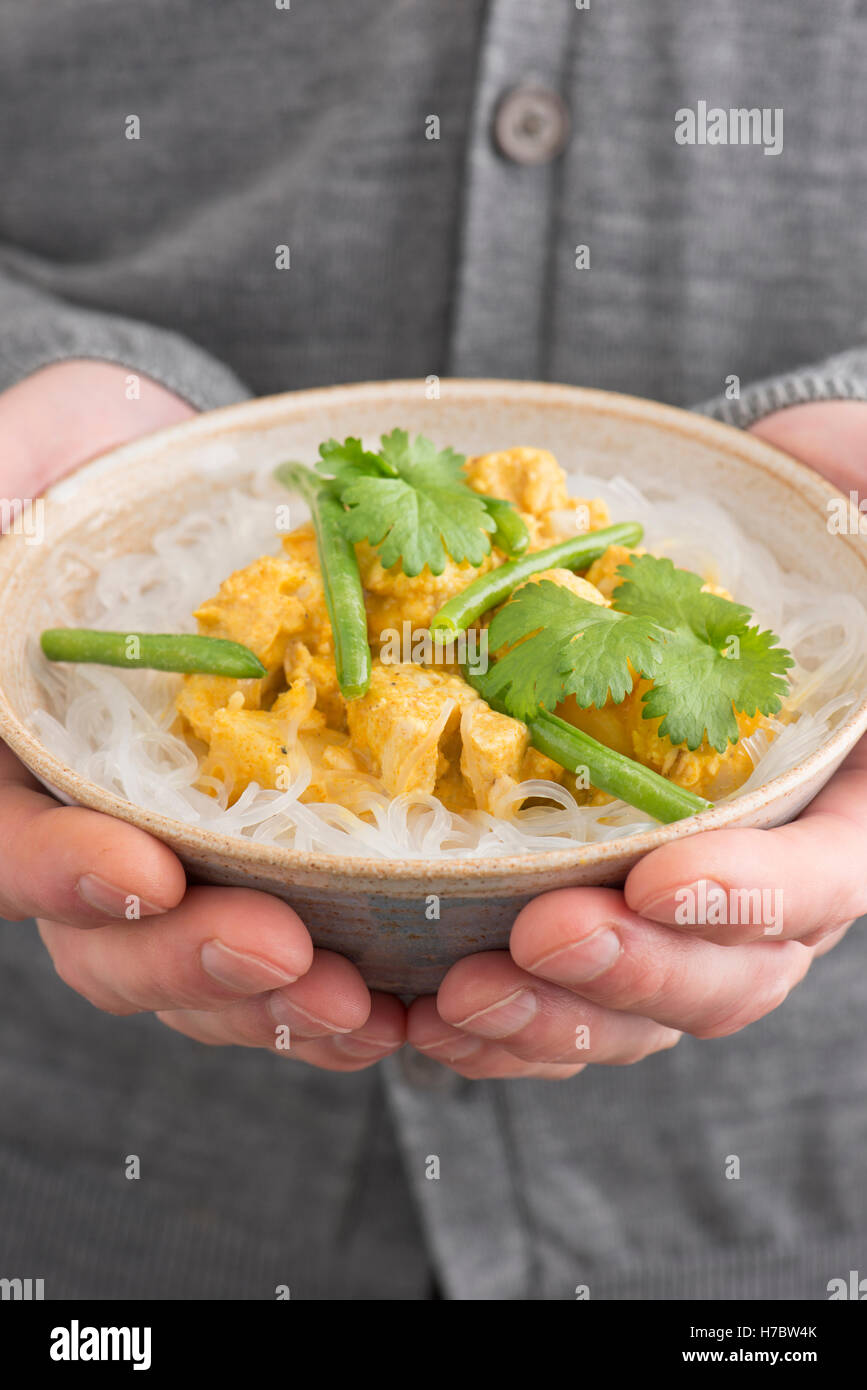 Korma vegetariano con gli spaghetti. Mani tenendo la coppa con questo piatto indiano cucinato con verdure. Foto Stock